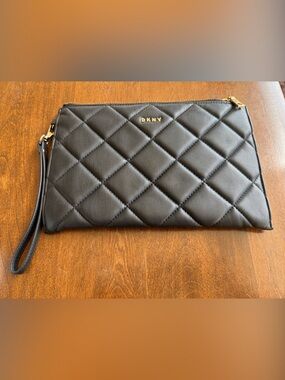 DKNY Black Quilted Leather Wristlet Clutch with Gold Accents